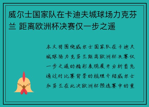 威尔士国家队在卡迪夫城球场力克芬兰 距离欧洲杯决赛仅一步之遥 威尔士国家队在卡迪夫城球场力克芬兰 距离欧洲杯决赛仅一步之遥